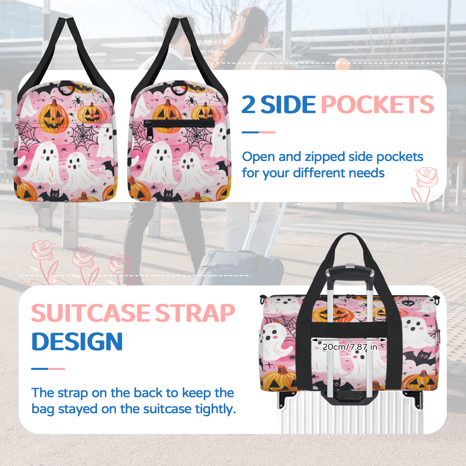 Herdesigns Halloween Gym Bag for Women, Duffle Bag for Travel Sport, Ghost Pumpkin Lightweight Waterproof Carry on Weekender Dance Yoga Workout Bags