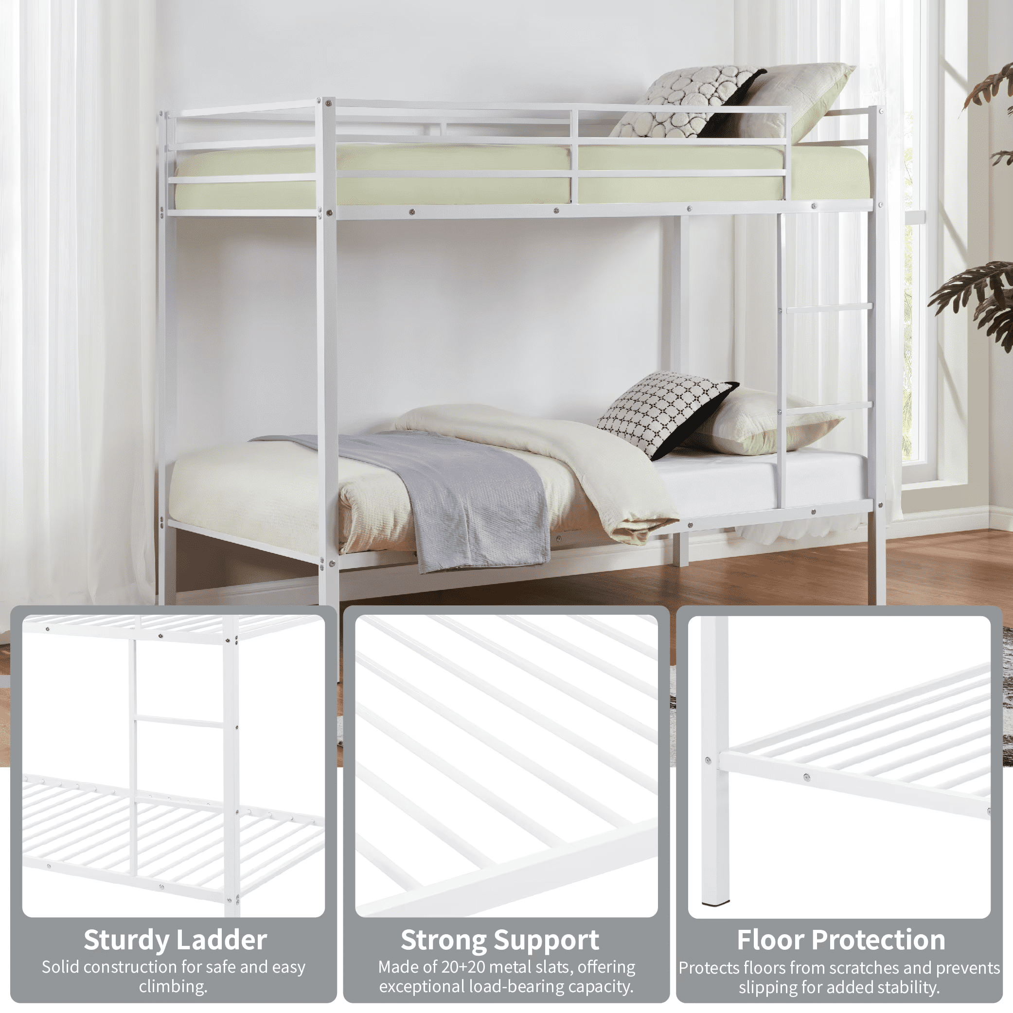 MAYEERTY Twin Size Metal Bunk Bed, Low Profile Bed Frame with Built-in Ladder, High Guardrail, Space-Saving for Kids, No Box Spring Required, White