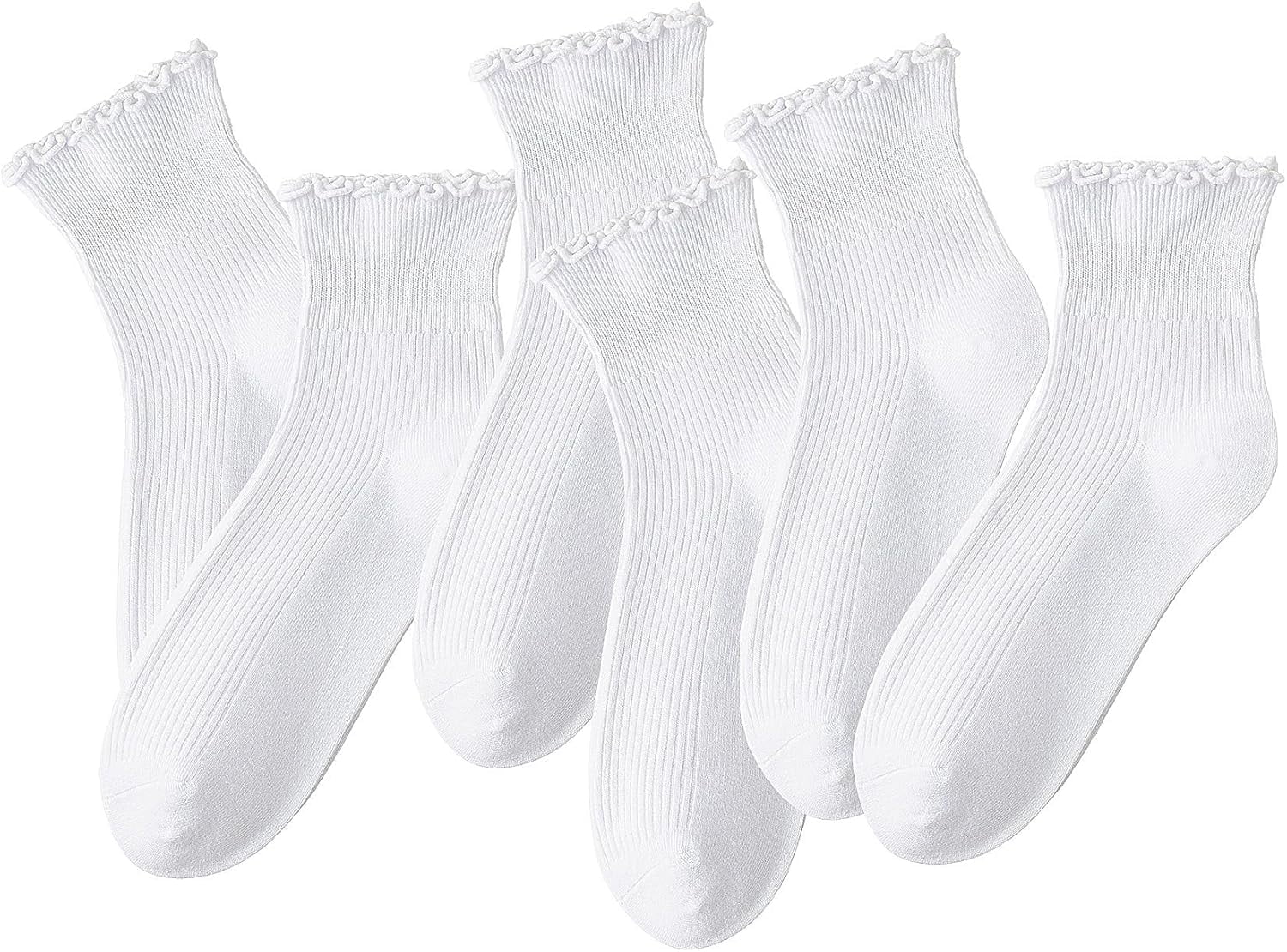 Amexo 6 Pairs Ruffle Socks – White Frilly Ankle Socks With Lettuce Edge For Women & Girls – School, Office, Daily Wear-307021