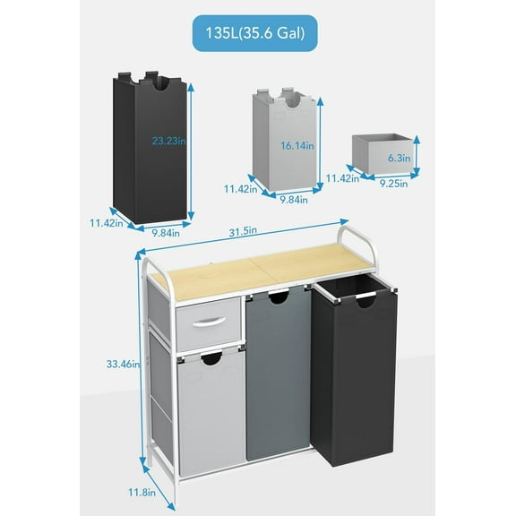 3 Section Laundry Sorter with Shelf and Drawer, 35.7Gal Clothes Basket Organizer for Laundry Room