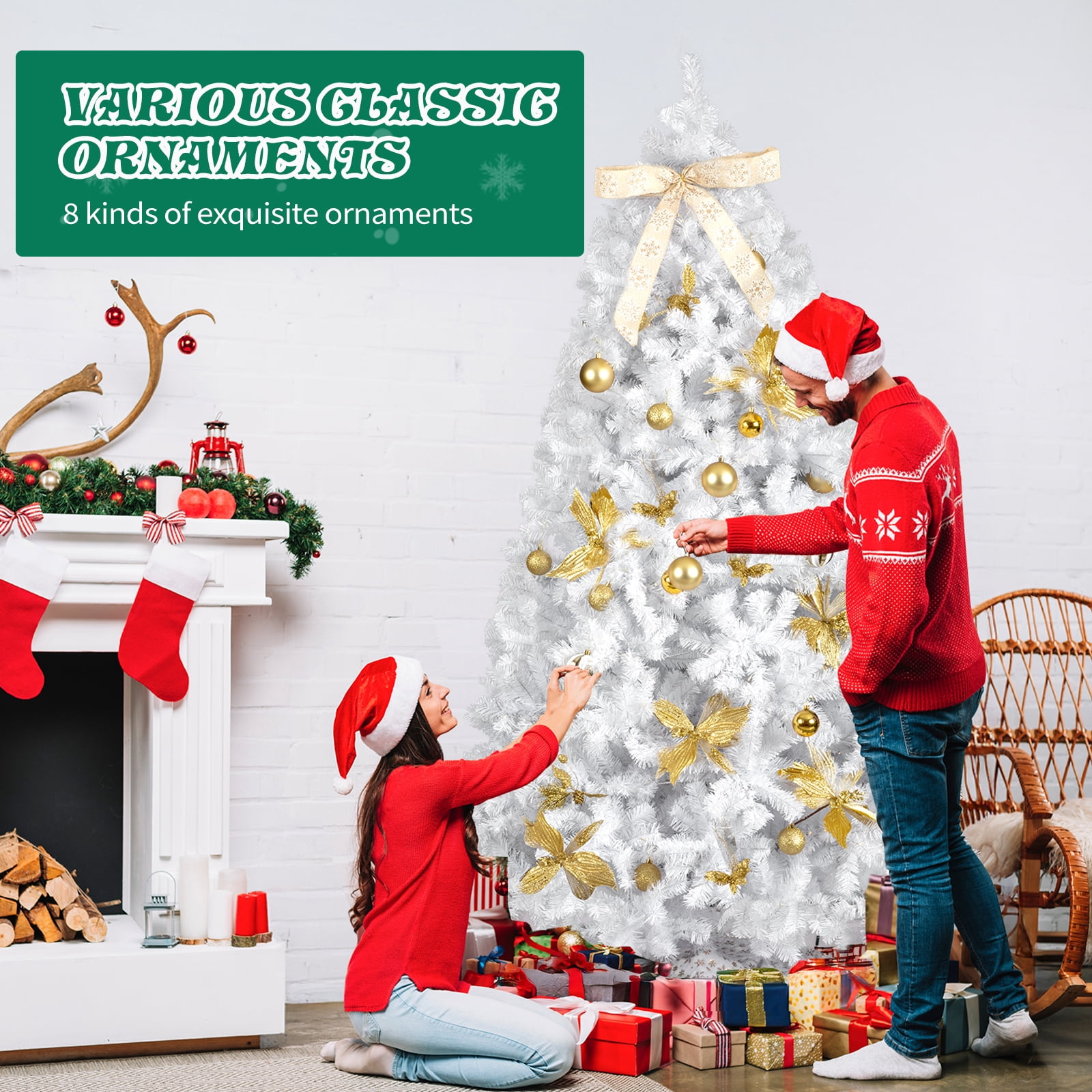 Astoutdoor 7.5 ft Artificial Christmas Tree with 400 Warm White LED Lights, Hinged Pine Tree with Tree Skirt and Ornaments, White