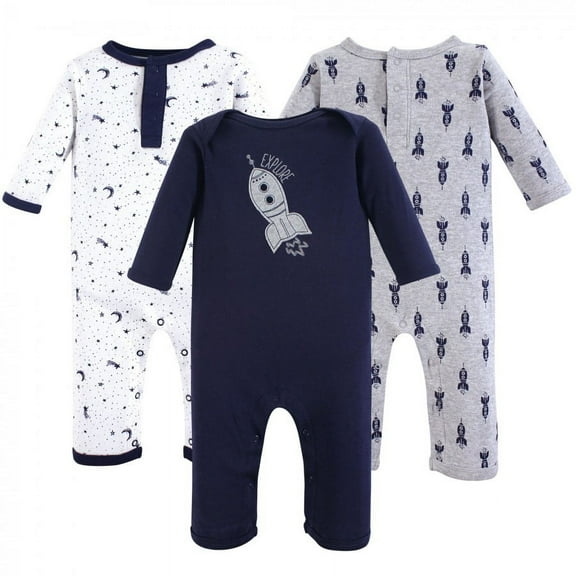Yoga Sprout Baby Boy Cotton Coveralls 3pk, Spaceship, 0-3 Months