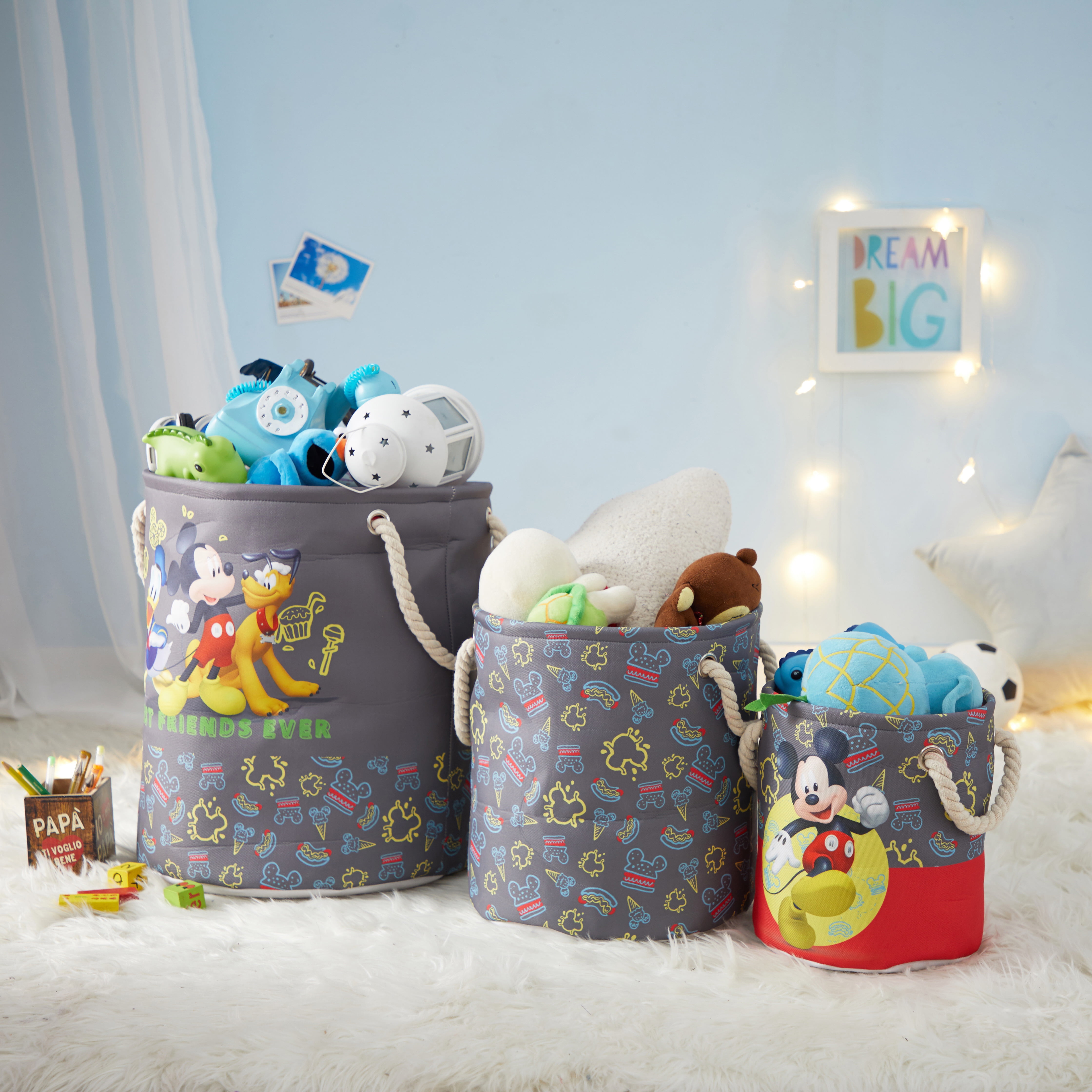 Disney Mickey Mouse Kids Fabric Round Nestable Storage Bin Set, 3-Piece