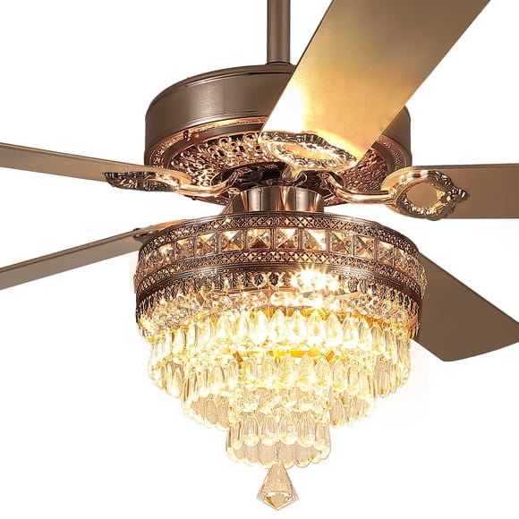 YIOSI 52" Crystal Ceiling Fan with Lights,Fandelier, Gold Chandelier Ceiling Fan with Remote Control, 3-Speed Silent AC Motor, Farmhouse Style for Living Room & Bedroom
