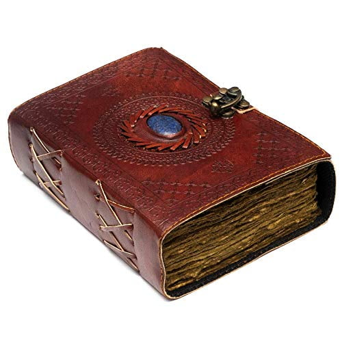 Grimoire Journal Book of Shadows Witch Journal for Men and Women 240 pages Antique Deckle Edge Paper 7 x 5 Vintage Leather Journal with Semi Precious Stone Lock Closure