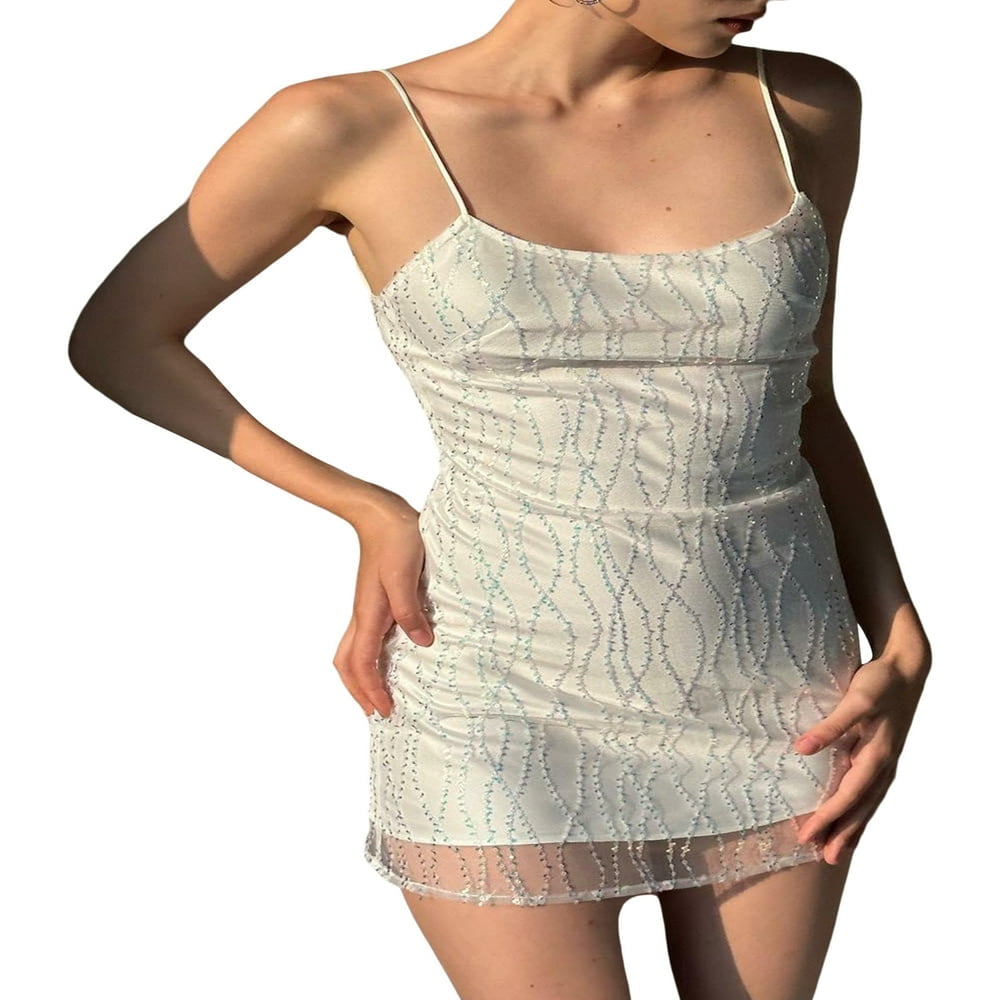 Women Sling Dress Spaghetti Straps Sequined Dual Layer Slim Fit Summer Mini  Dress for Club Party