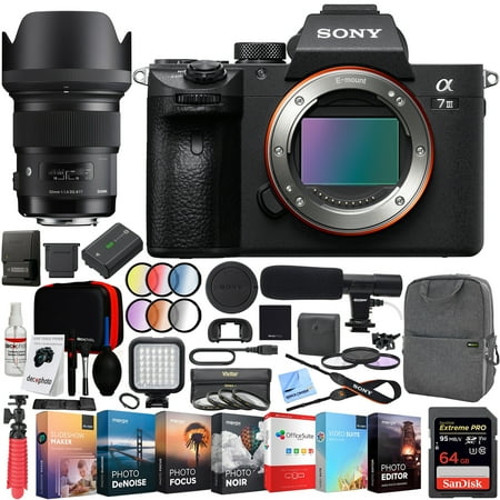 Sony a7 III Full Frame Mirrorless Interchangeable Lens 4K HDR Camera ILCE-7M3 Body with Sigma 50mm F1.4 ART DG HSM E-mount Lens and Deco Gear Backpack Kit Microphone Editing