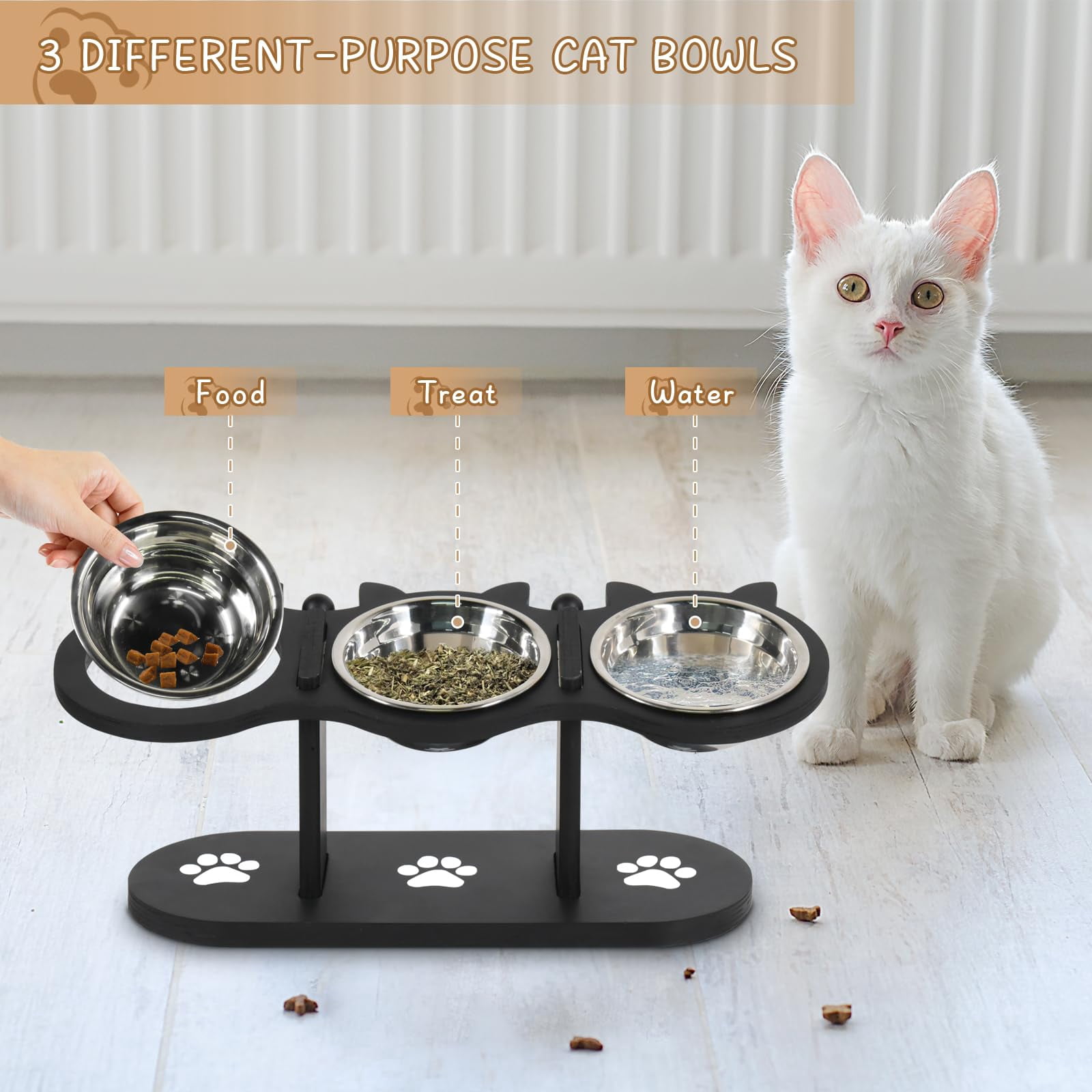 Adjustable Elevated Cat Bowls - 3 Stainless Steel 17° Tilted Pet Bowls with Black Stand for Indoor Cats/Small Dogs-Black