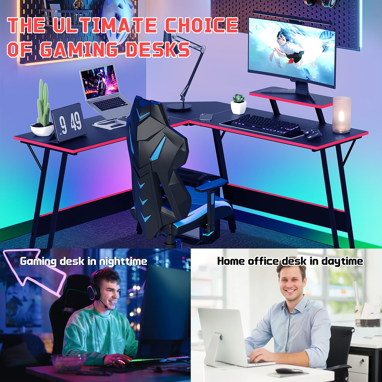Dkelincs L Shaped Gaming Desk, 50.4" Corner Computer Desk PC Game Table with Monitor Stand Large Desktop for Home Office Study Writing Workstation, Black