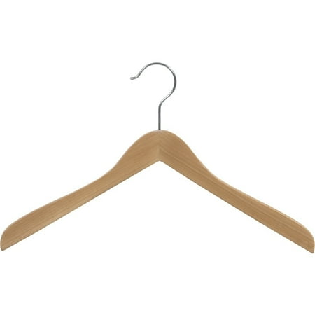 Wooden Concave Top Hanger, Box of 12 Curved Thick Coat Hangers w/ Natural Finish & Chrome Swivel Hook for Jackets or Fine Shirts or Coats by International Hanger