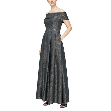 Alex Evenings Stretch Jacquard Off The Shoulder Ballgown with Full Skirt and Pockets (Womens, Navy Gold, 10)