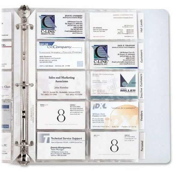 C-Line Business Card Holder Pages for Ring Binders, Poly Holds 20 Cards/Page, 3-Hole Punched, 11-1/4 x 8-1/8, 10/PK, 61217
