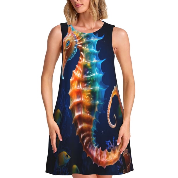 Fotbe Yellow Fish Seahorse Vestido de Verano sin Mangas para Mujer – Vestido Midi Línea A, Estilo Camiseta Floral, Vestido Playero Casual y Fluido
