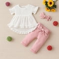 thumbnail image 2 of Xyant Toddler Baby Girl Summer Clothes Short Sleeve Lace Hollow Tunic Top Dress Bow Pants Headband 3Pcs Set Infant Spring Outfits (Pink,12-18 Months), 2 of 7