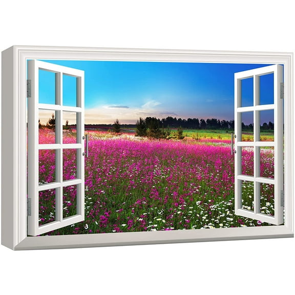 wall26 Canvas Print Wall Art Window View to Sunrise Over Pink Flower Field Nature Wilderness Photography Realism Rustic Landscape Colorful Multicolor Ultra for Living Room, Bedroom, Office - 12"