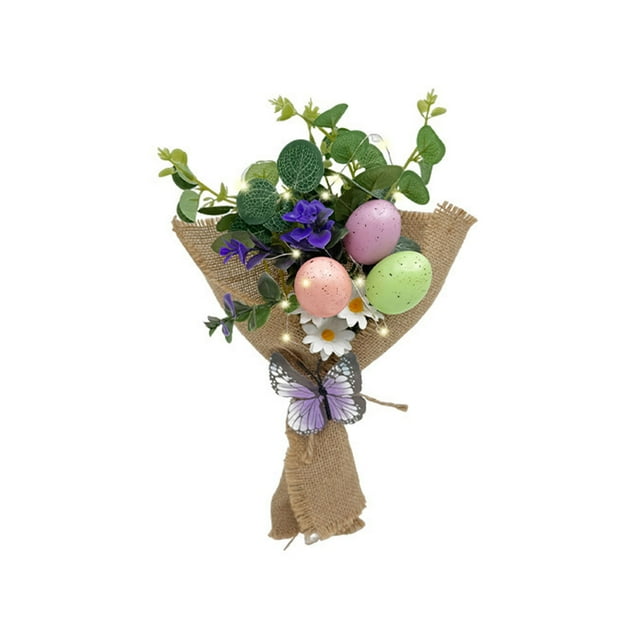 Árbol de Pascua con Flores Artificiales Iluminadas con Led | Luces Ambientales Amarillas Cálidas a Pilas | Tallos Florales Realistas con Adornos de Huevos de Pascua | Jarrón de Escritorio para Decora