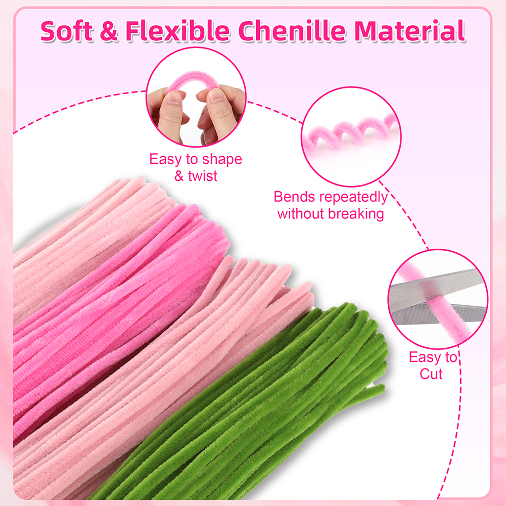 Yucurem 400PCS Pipe Cleaners Craft, 4 Assorted Colors Pipe Cleaners Bulk, Chenille Stems for DIY Flower Making Kit with Floral Wires, Gardening Tape,Stamen& Ribbon (Pink)