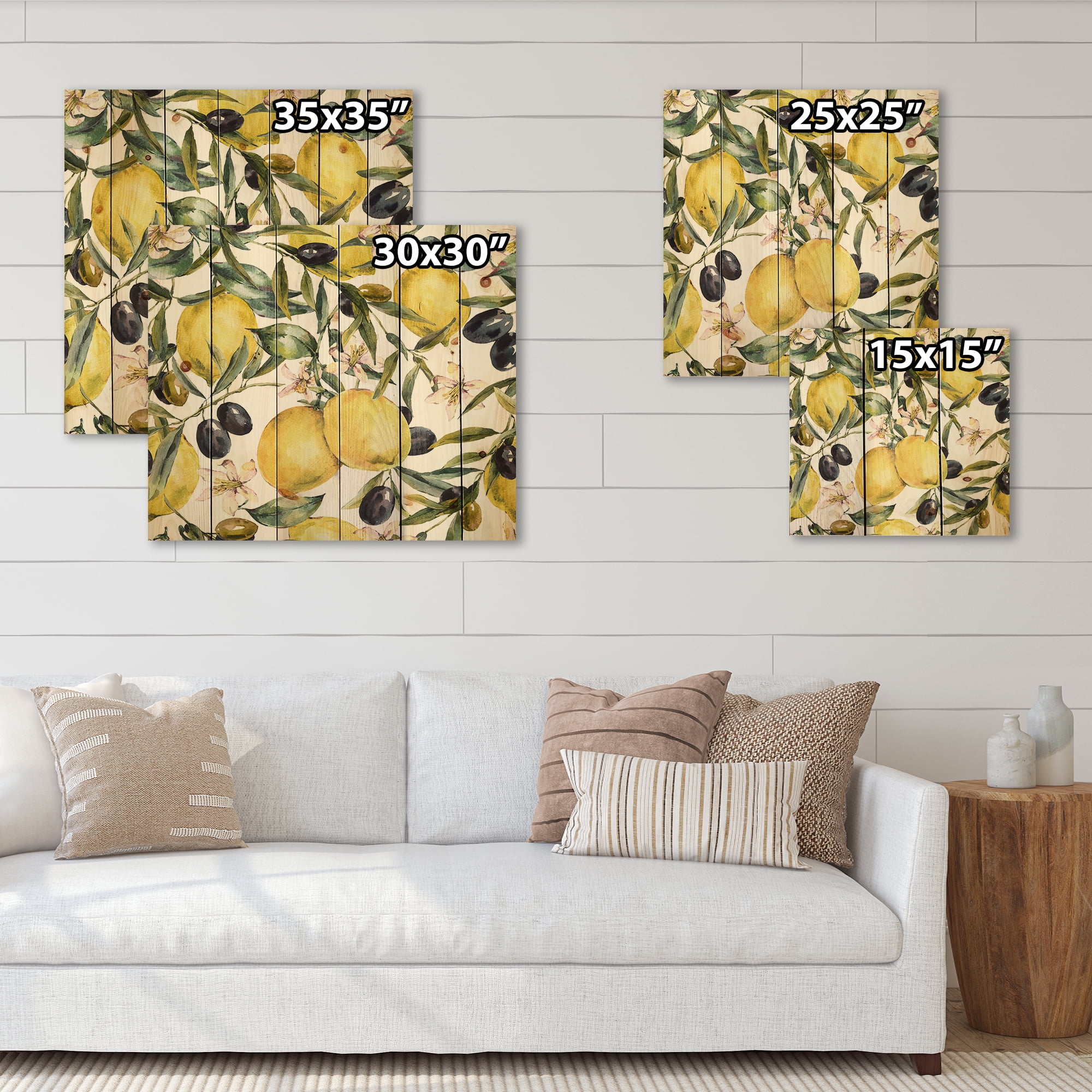 Designart 'Olive and Lemon Branches I' Tropical Print on Natural Pine Wood