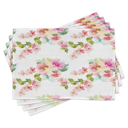 

Floral Placemats Set of 4 Watercolor Stylized Shabby Chic Nature Petals in Soft Tones Artsy Picture Washable Fabric Place Mats for Dining Room Kitchen Table Decor Pale Pink Fern Green by Ambesonne