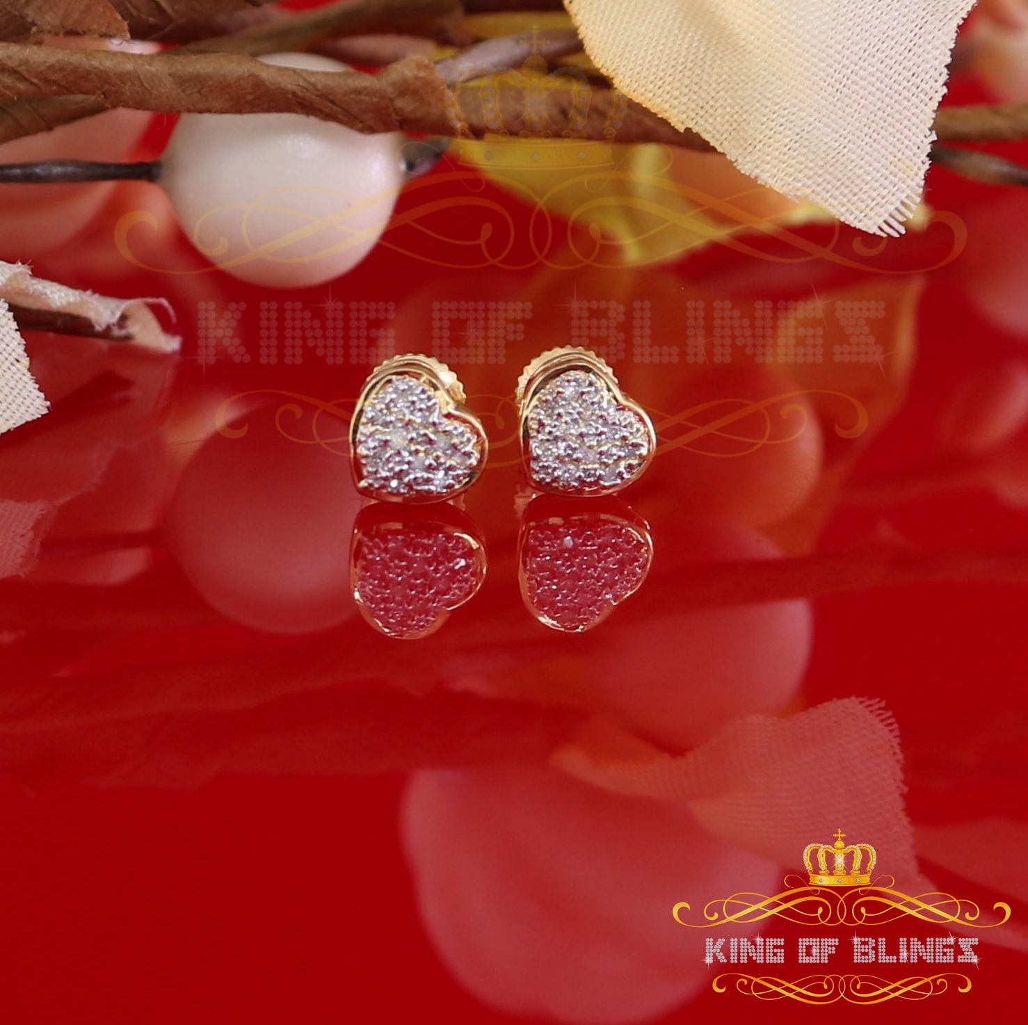 King of Bling's 10K Real Yellow Gold Real Diamond 0.08CT Men's/Women's Stud Micro Heart Earring