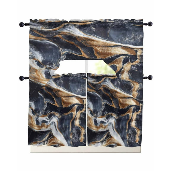 Navy Blue Brown Marble Kitchen Curtains Sets 36 Inch Length with Valance, Minimalist Abstract Art Swag Valances and Tiers Curtain Set Drapes Swag Curtains for Living Room, Bathroom, Bedroom, Cafe