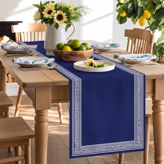 Navy Blue White Table Runner, Geometric Greek Style Abstract Art Washable Kitchen Table Runners Dress Scarves for Dining Table Decorations Party/Restaurant/Indoor Outdoor Use, 13x108in
