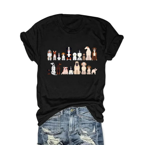 For Spring & Summer, Women's Casual Cute Dog Print Crew Neck Short Sleeve Top, T-shirt