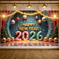 thumbnail image 6 of Golden Lettering Happy New Year Banner Colorful Ornaments New Year Display Star Pattern Christmas Tree Decor 2026 Backdrop for New Year Party Holiday Celebration Indoor Decoration, 6 of 9