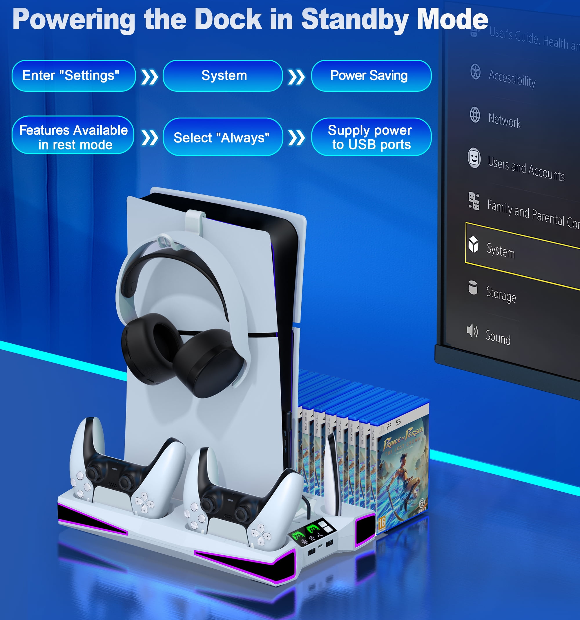 PS5 Stand Cooling Station with Dual PS5 Charging Dock, QQV PS5 Accessories Cooling Fan for PS5 Pro, Slim,Disc, Digital