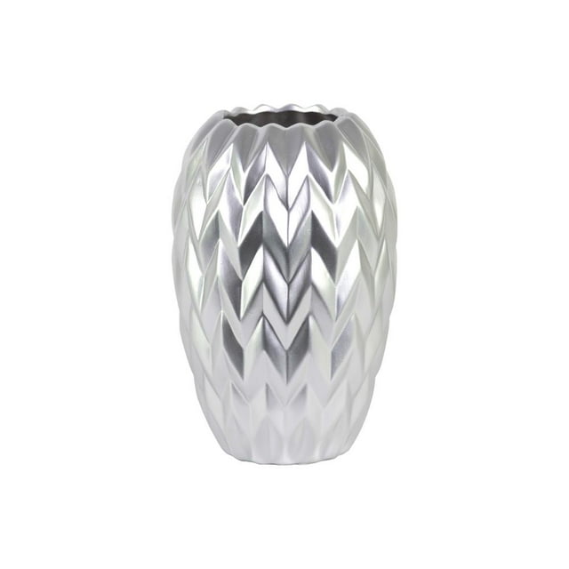 Vase Rond en Céramique avec Design Ondulé en Relief, Grand, Argent Mat
