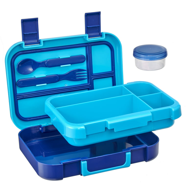 Your Zone BTS Plastic Bento Box with 4 Compartments, 1 Fork, 1 Spoon, 1  Dressing Container, Blue 