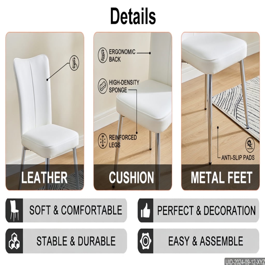 Hommoo Modern Minimalist Dining Chairs Set of 6, PU Leather with Ergonomic Curved Backrest & Electroplated Metal Legs for Kitchen, Dining Room, Living Room & Bedroom, White