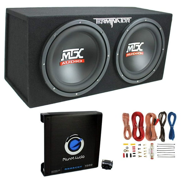 Caja para subwoofer MTX de 12 pulgadas, amplificador Planet Audio de 1500 vatios y kit de cableado Soundstorm 8GA