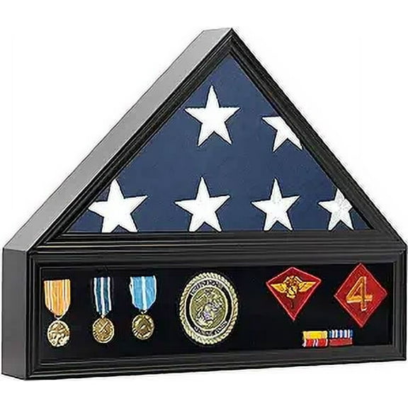 Military Shadow Box Display Case for Funeral Burial Flag for American Veterans Fits Folded 5x9.5’ Flag, Medal, Patches. Solid Wood and Glass.(Black)