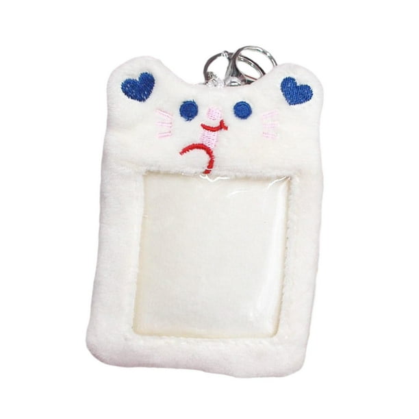 Lindo tarjetero de peluche con llavero, para fotos, funda protectora para tarjetas de identificación. Blanco