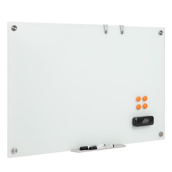 Glass Whiteboard 36 x 24 Inch, Magnetic Dry Erase Board Frameless, Large Wall Mounted Writing Board with Eraser Tray, 2 Markers, 4 Magnets, Hanging Hooks, for Home Office Classroom Kitchen, White
