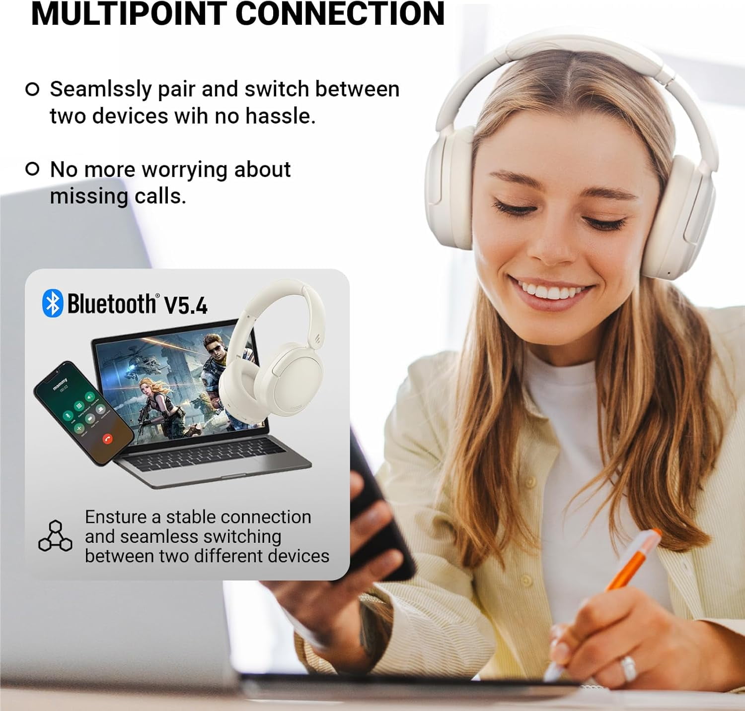 Edifier V80 Hybrid Active Noise Cancelling Headphones, True Wireless Over Ear Bluetooth Headset with 45H Playtime/Hi-Res Audio/Fast Charging/Multipoint Connection for Travel Home Office - Ivory