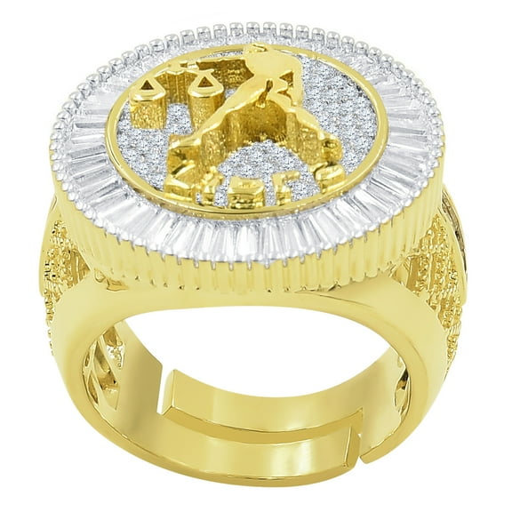 Mens 14K Yellow Gold Finish Baguette Princess Cut Simulated Diamond Zodiac Sign Libra Scales Astrology Ring Band