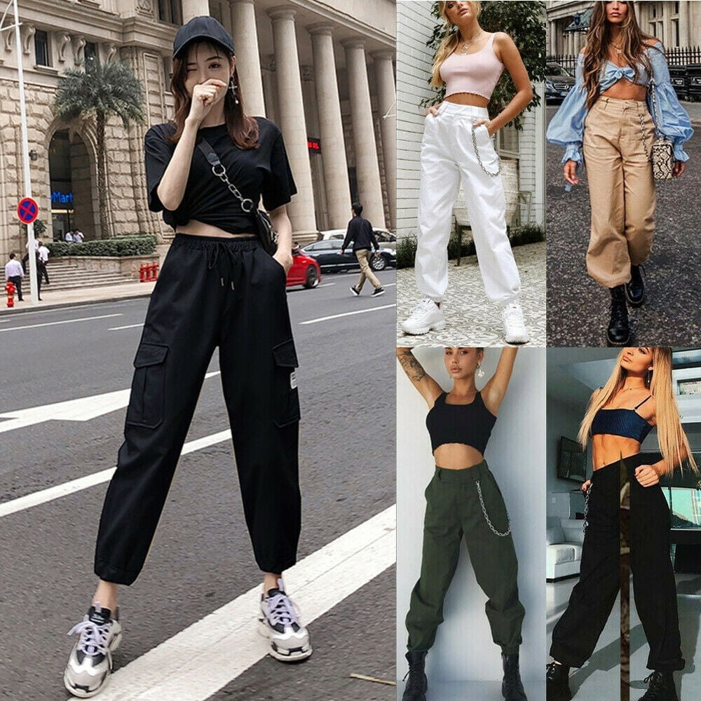 Women s Cargo Pants Casual Outdoor Solid Color Elastic High Waisted Baggy Jogger Workout Pants with Pockets Walmart