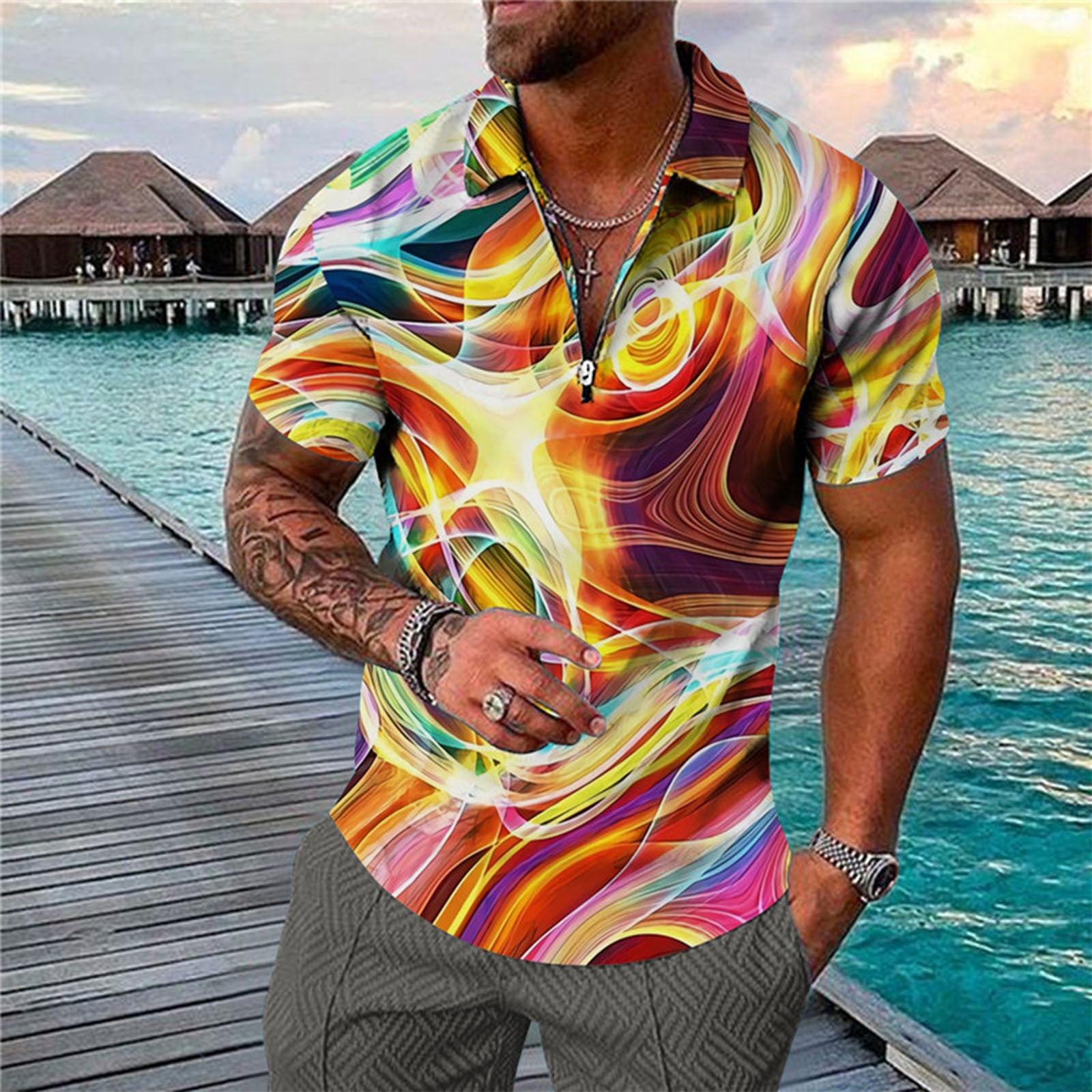 Men's Striped Knit Collar T-Shirt - Casual Short Sleeve Tee, Structured Fit, Trendy Top