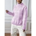 thumbnail image 5 of Women Fall High Neck Plaid Sweater Long Sleeve Loose Casual Chunky Checked Knit Winter Sweaters Jumper Tops L, 5 of 8