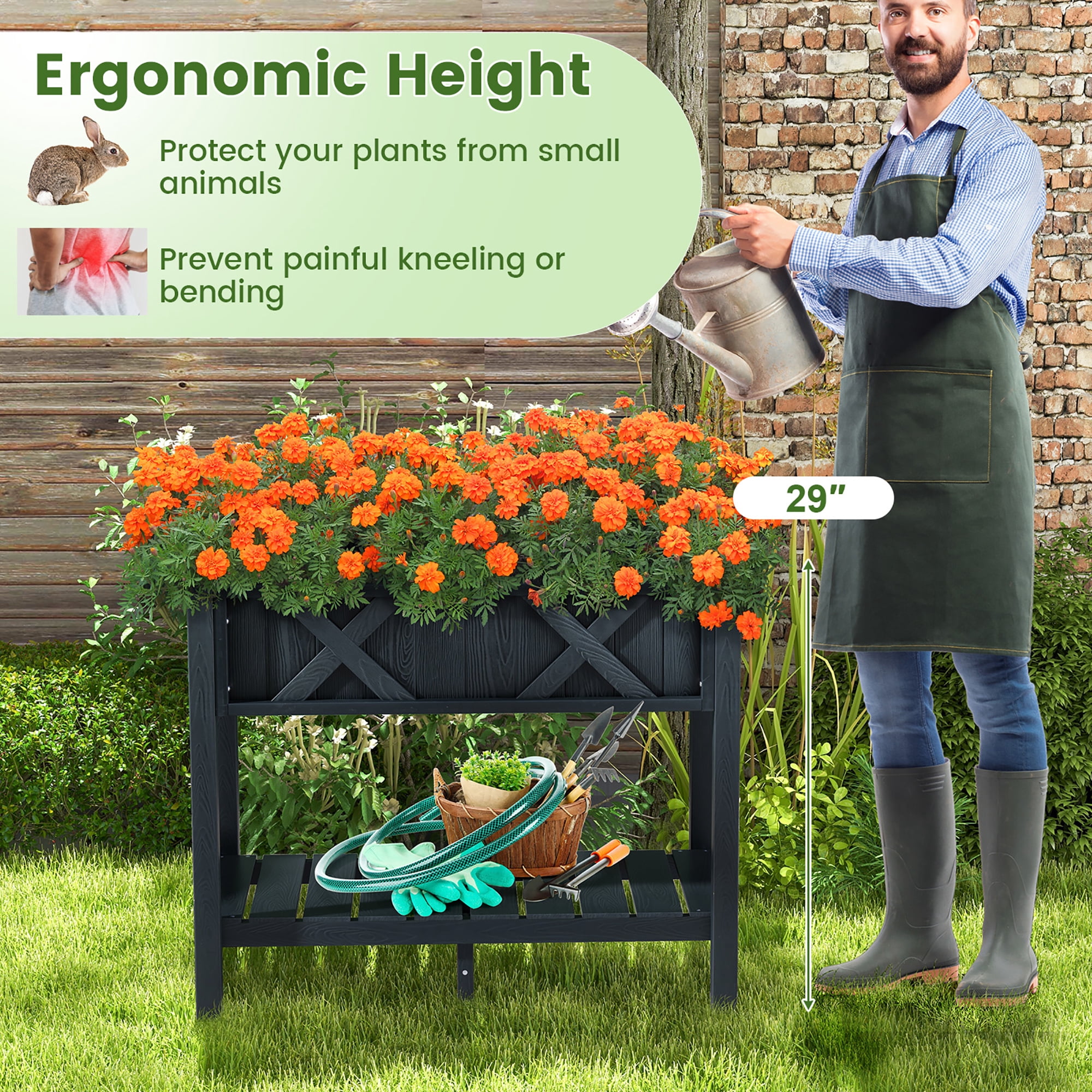 Gymax HIPS Raised Garden Bed Poly Wood Elevated Planter Box w/ Legs & Storage Shelf Black