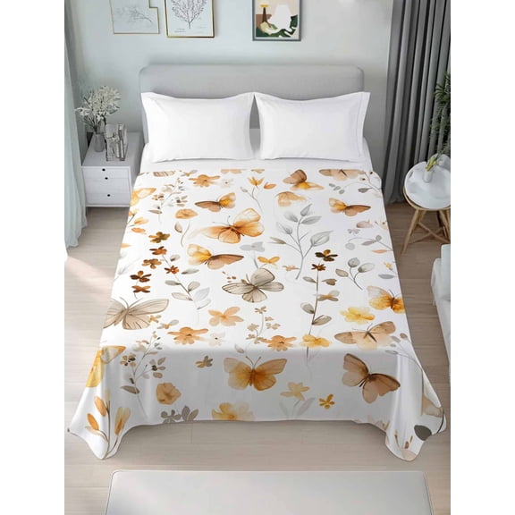 Orange Floral Spring King Size Flat Sheet, Wrinkleproof & Fadeproof Cooling Flat Bed Sheet Only, Butterfly Botanical Summer Breathable Soft Bedding Top Sheets 105 x 98 Inches