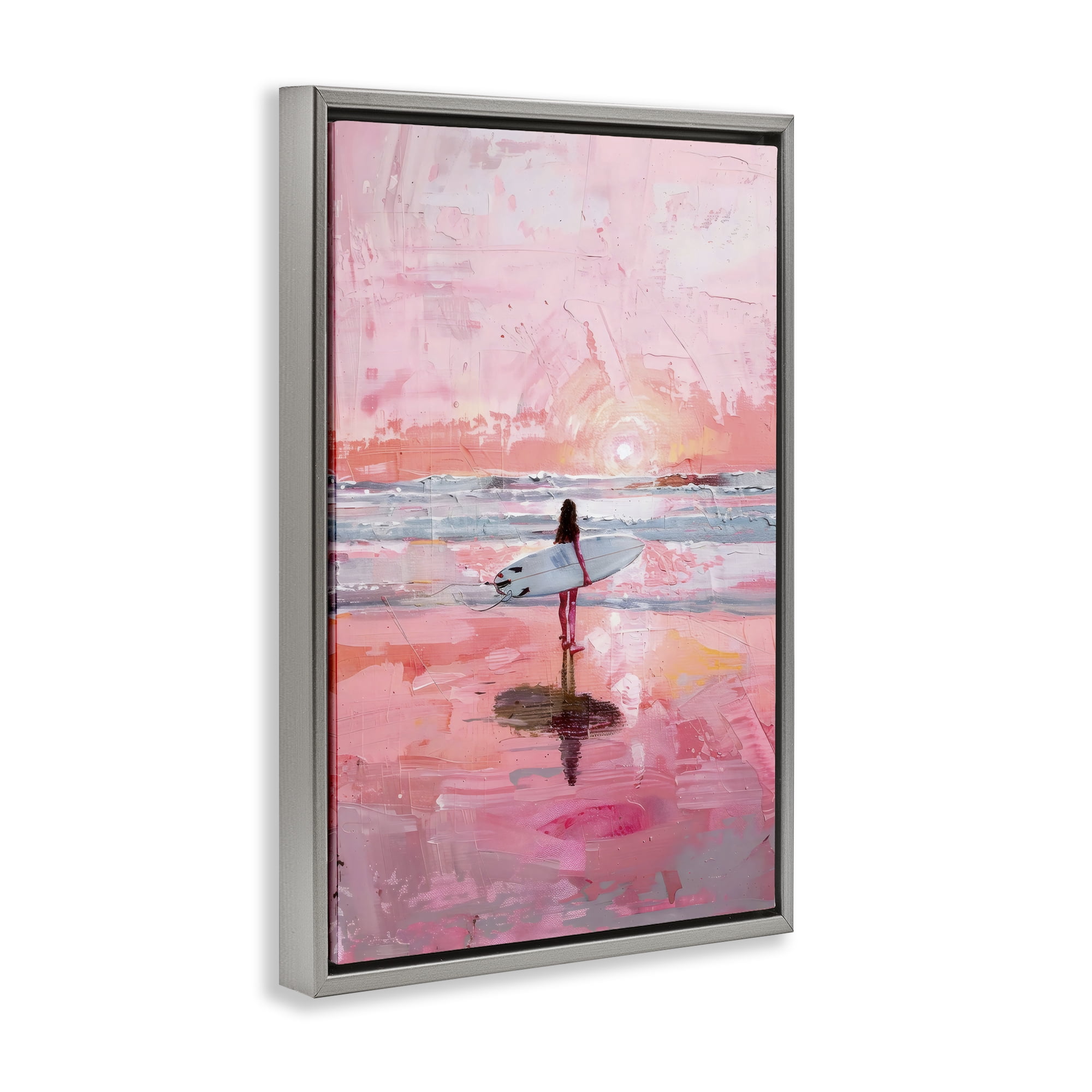 Stupell Industries Surfer at Pink Sunset Gray Framed Floater Canvas Wall Art, design by Creative Studio