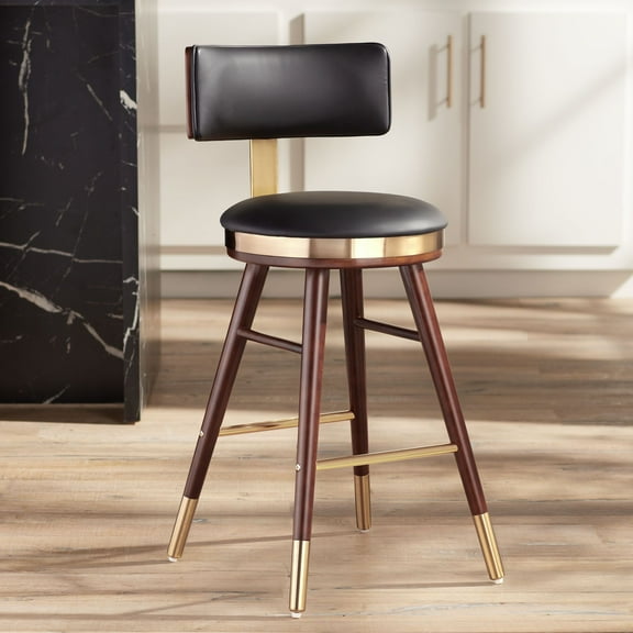 Studio 55D Parker Walnut Metal Bar Stool Brown Gold 25 1/2" High Modern Black Leather Cushion with Backrest Footrest for Kitchen Counter Height Island