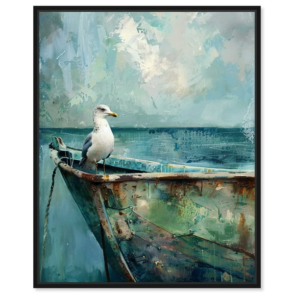 Seagull And Boat Canvas Coastal Wall Art by Art Remedy, Black Frame, 16" x 20"