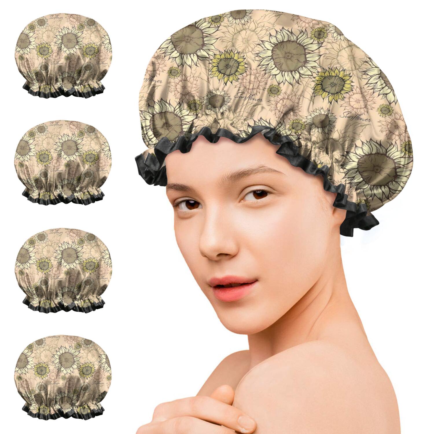 Shower Caps,Beige Sunflower Small Flower Pattern Waterproof Shower Cap for Women 4 Pieces,Double Reusable Hair Cover for Shower PEVA Elastic Stretch Hem