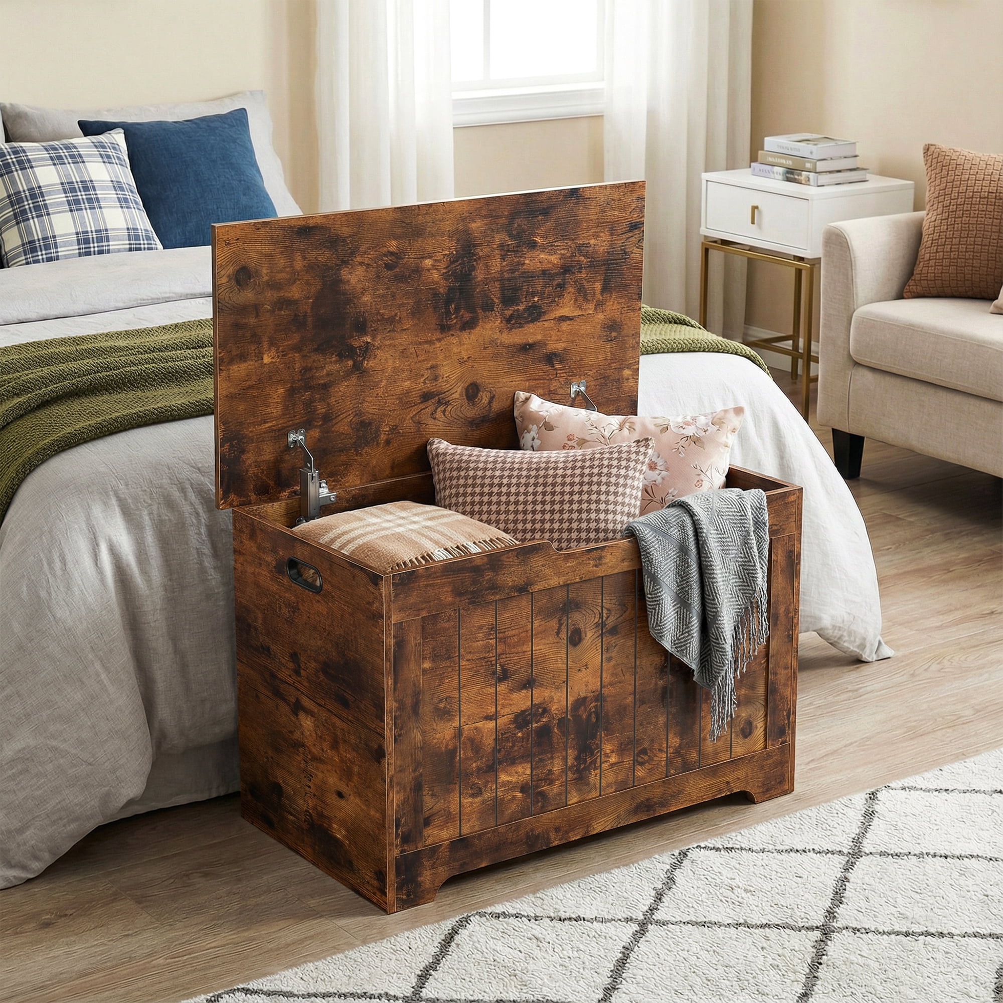 SuperDeal 30-Inch Lift Top Storage Chest Wooden Home Organizer Bench with Safety Hinged Lid Large MDF Toy Box Entryway Bedroom Living Room, Rustic Brown