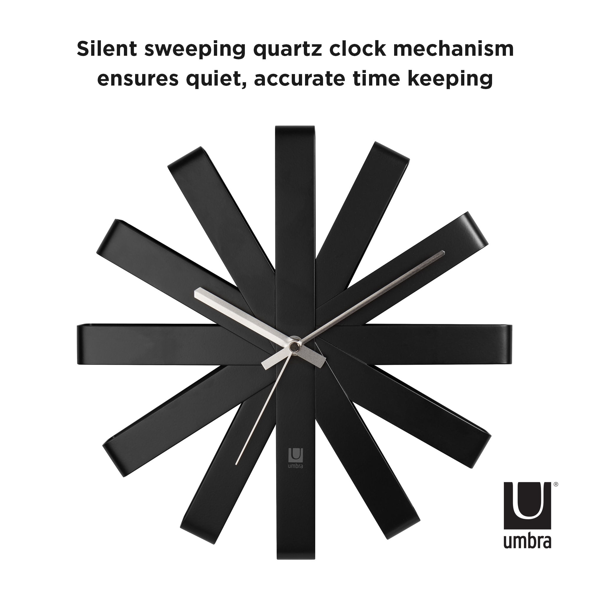 Umbra Ribbon Modern Metal Wall Clock Silent Analog Battery Operated Quartz Movement Black