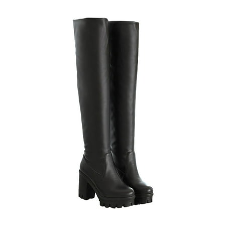 

hopeusnice Women s Over The Knee Boots Chunky Heel Platform Boots Faux Leather Thigh High Boots Winter Boots Black 41
